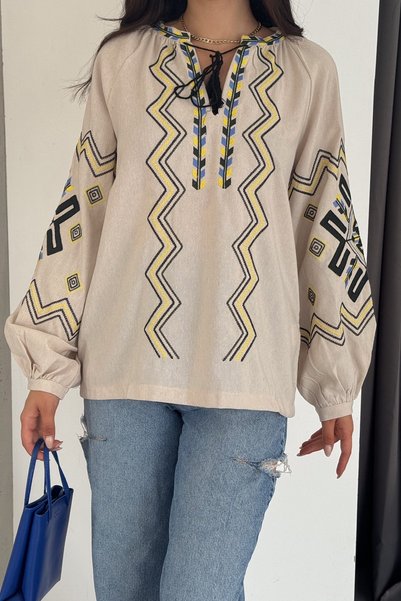 Women's Beige Tasseled Embroidered Cotton Blouse
