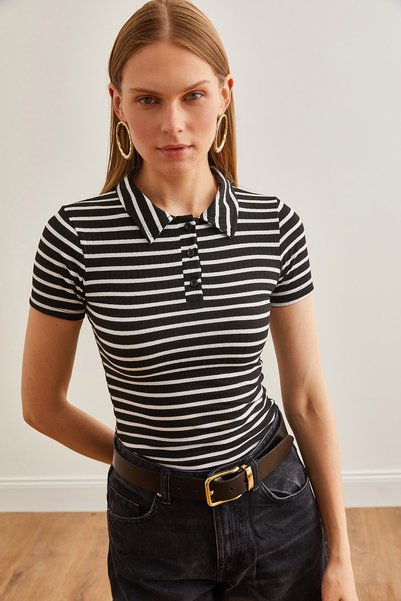 Women's Thick Striped Black Polo Neck Buttoned Lycra Blouse Blz- 19002558