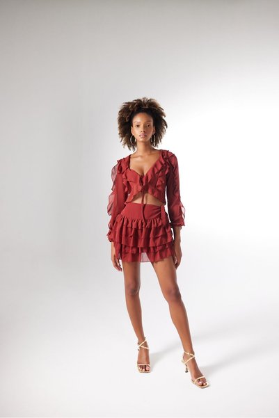 Waist Tied Flounce Mini Elsa Skirt Brown