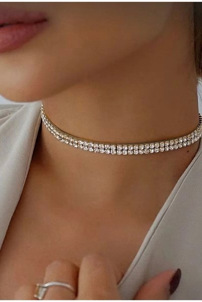 Women's Double Row Zicron Jewelled Rhinestone Choker Necklace