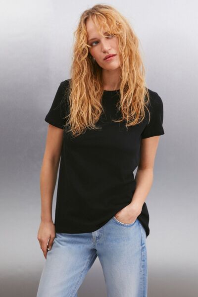 Samantha Women's 100% Organic Cotton Comfort Fit Long Back Basic Knitted Black T-Shirt