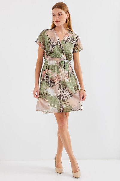 2502 Short Sleeve Print Chiffon Dress - Çağla