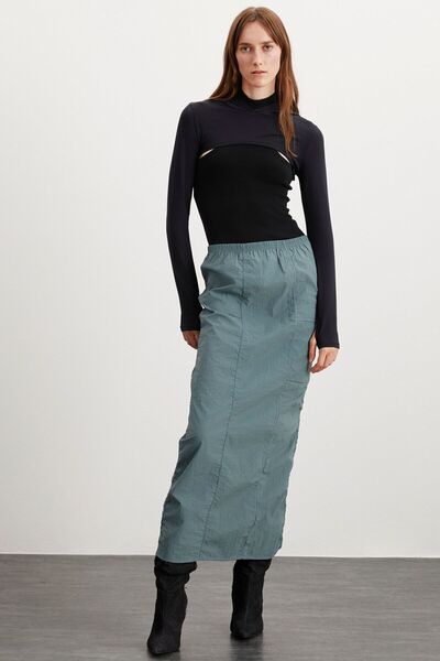 Cherı Women's Elastic Waist Waterproof Parachute Fabric Long Green Skirt