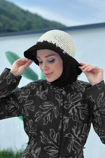 Hand knitted straw hat rş-102 beige black