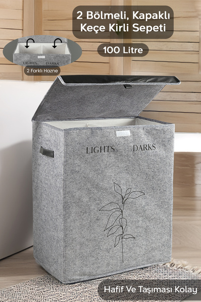 Felt Leather 2-Compartment Laundry Basket Multi-Purpose Foldable Toy Storage Bin Gray 53x33x60 cm