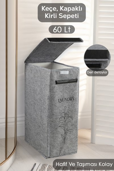 Gray Laundry Basket - Felt Lid, Multi-Purpose Organizer, Folding Storage Box 25X40X60Cm