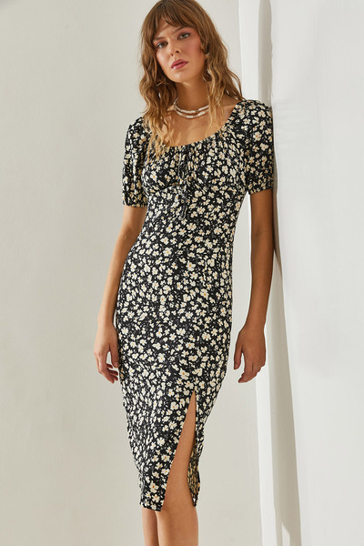 Women's Black Tie-Front Watermelon Sleeve Daisy Patterned Slit Detailed Dress 60251371