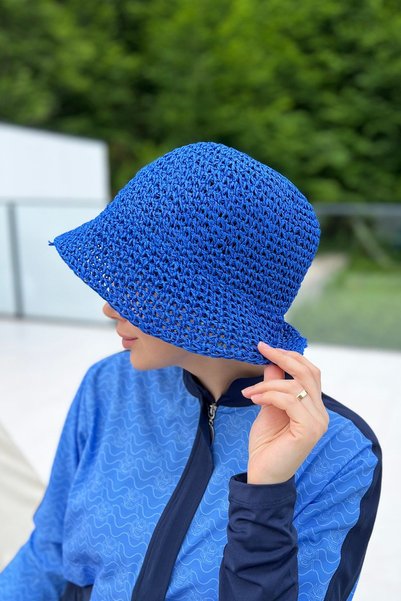 Hand Knitted Straw Hat Rş-83 Cobalt Blue