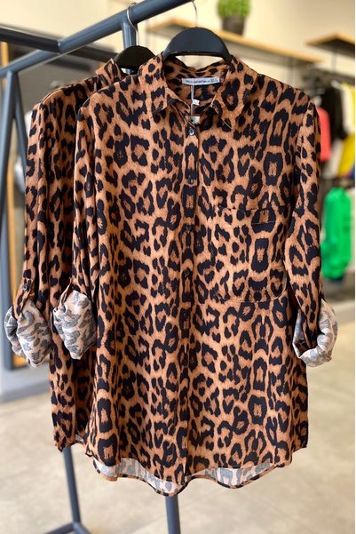 Women's Single Pocket Folding Sleeve Leopard Pattern Viscose Loose Flowy Shirt