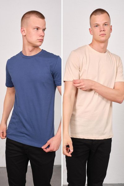 Men's Crew Neck 2-Piece Regular Fit Basic T-Shirt 990 Indigo/Beige