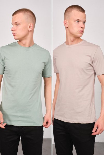 Men's Crew Neck 2-Piece Regular Fit Basic T-Shirt 990 Çağla/Grey