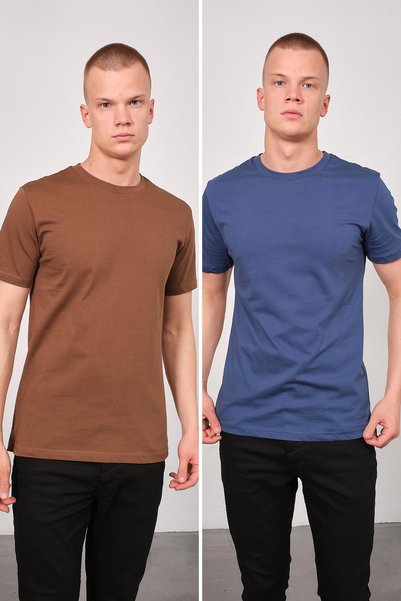 Men's Crew Neck 2-Piece Regular Fit Basic T-Shirt 990 Brown/Indigo