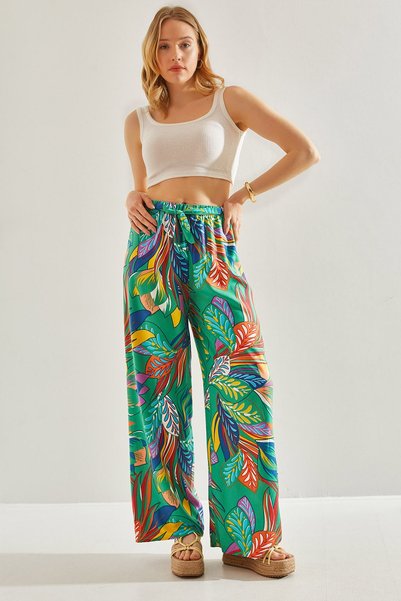 Women's Green Patterned Viscose Trousers with Elastic Waist 60101052