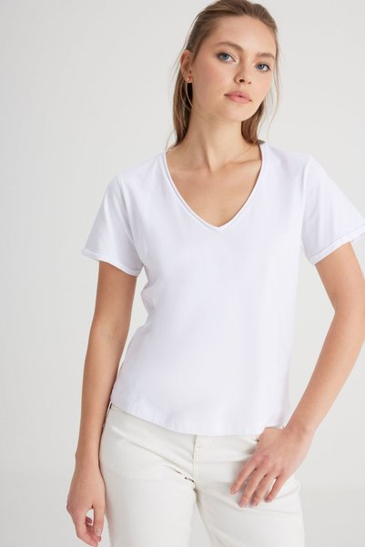 Regular Fit Regular Cut V-Neck 100% Cotton White T-Shirt