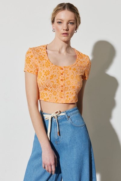 Regular Fit Regular Cut Crew Neck Orange Crop Blouse