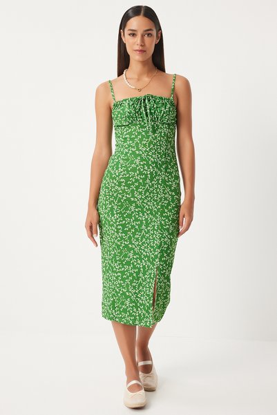 Women's Vibrant Green and White Floral Slit Summer Knitted Dress Ci00029