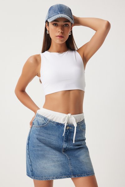 Women's Blue Boxer Detailed Denim Skirt Fn03225