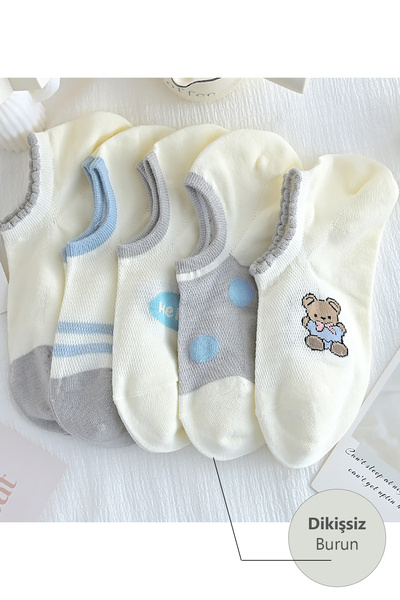 5 Pairs of Turquoise Bear Patterned Ballerina Socks
