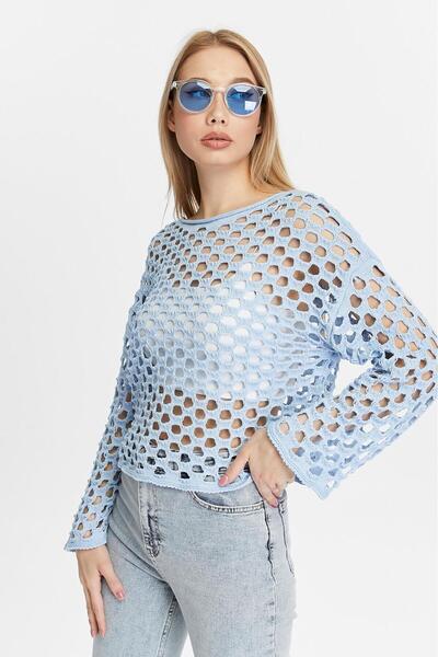 Blue Knitwear Mesh Cotton Blouse - Wide Sleeve, Transparent, Size