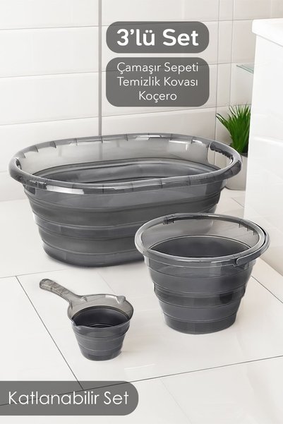 Set of 3 Folding Laundry Basket and Water Bucket - Accordion Design, Platinum Koçero