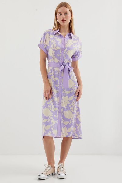 2455 Patterned Shirt Dress - Lilac