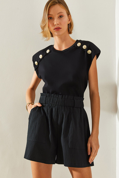 Women's Black Large Pocket Detailed Elastic Waist Parachute Fabric Shorts & Bermuda 60251293