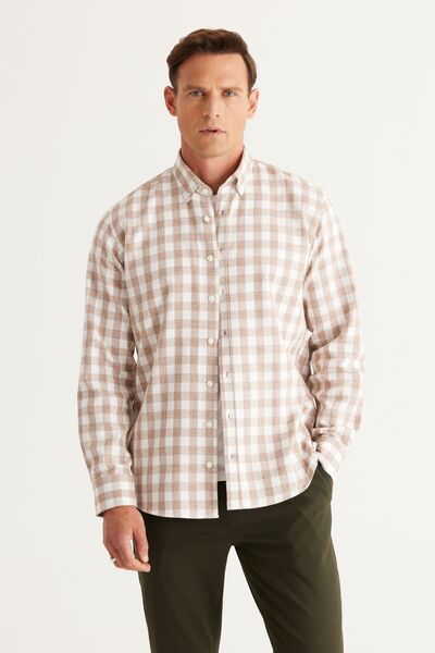 Men's Ecru-Brown Comfort Fit Button Down Collar Flannel Lumberjack Shirt
