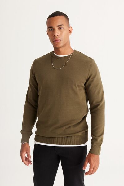 Men's Khaki Standard Fit Regular Cut Crew Neck Cotton Knitwear Sweater