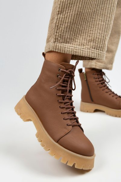 Aster Women's Genuine Leather Lace-Up Zippered Tan-Crepe Boots