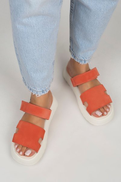 Seina Women's Genuine Leather Velcro Slippers Coral Slippers