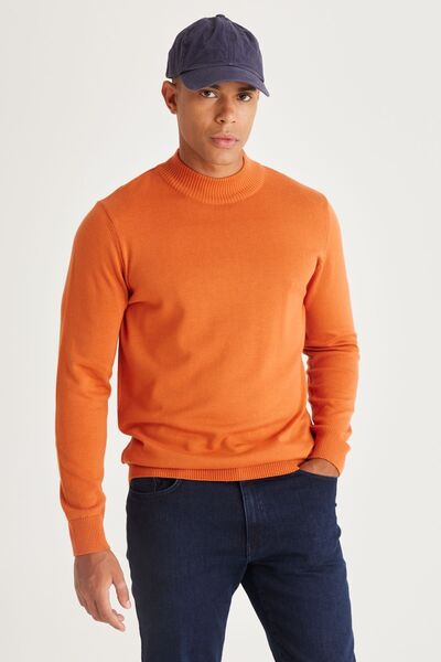 Men's Brick Standard Fit Regular Cut Half Turtleneck Cotton Knitwear Sweater