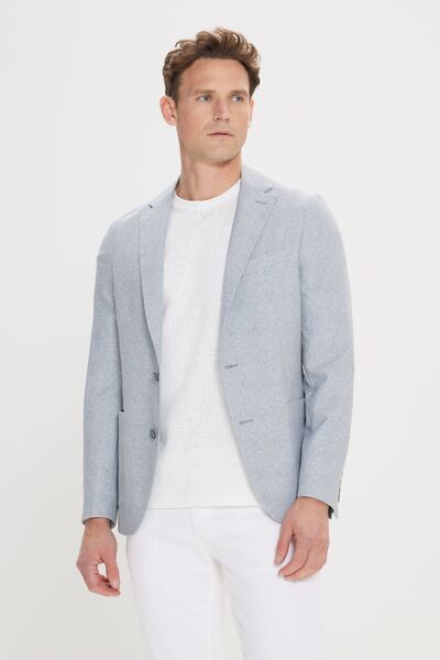 Men's Grey-Blue 360 All Direction Stretching Slim Fit Slim Fit Mono Collar Print Blazer Jacket