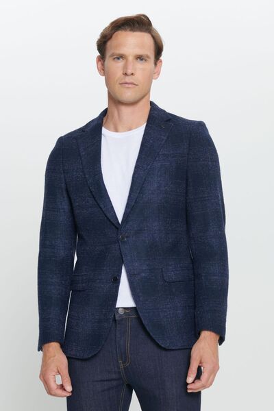 Men's Navy Blue Slim Fit Slim Fit Mono Collar Woolen Blazer Jacket