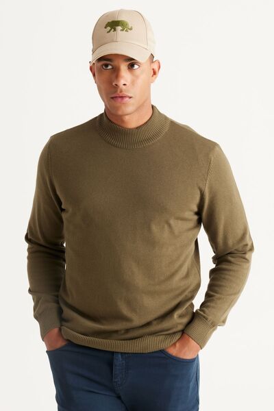 Men's Khaki Standard Fit Regular Cut Half Turtleneck Cotton Knitwear Sweater