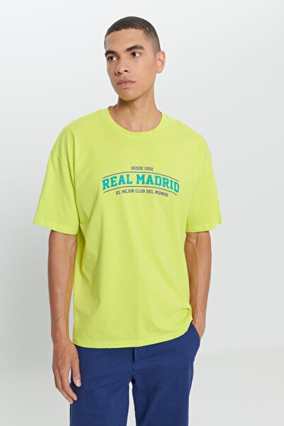 Машка жолта Real Madrid лиценцирана маица со кружен изрез, преголем крој, 100% памук