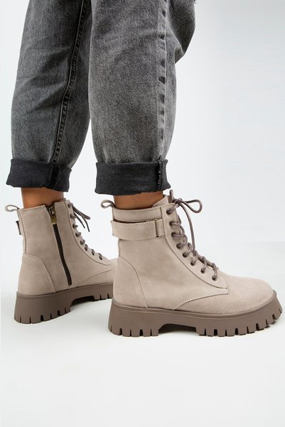 Adel Women's Genuine Leather Lace-Up Inner Zipper Beige Suede-Mink Boots