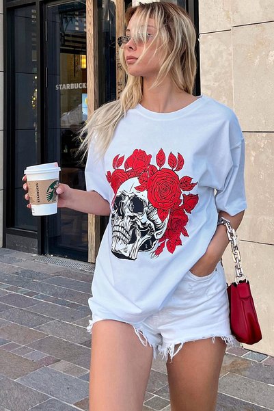 White Skull Rose Printed Oversize Women's Tshirt