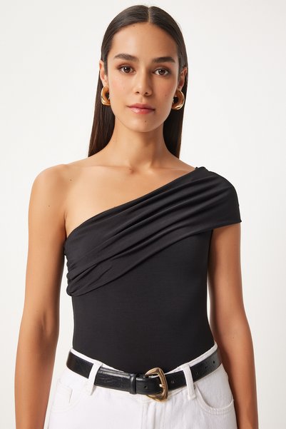 Women's Black Single Shoulder Gathered Knitted Blouse DZ00112