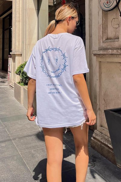 White Hedonistic Back Printed Oversize Women's Tshirt