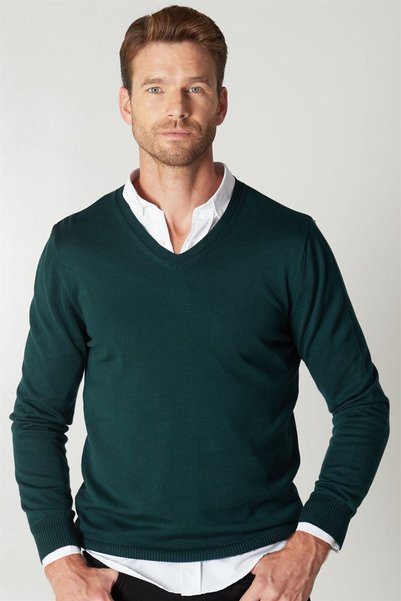 Men's Standard Fit Regular Cut V-Neck Cotton Green Knitwear Sweater