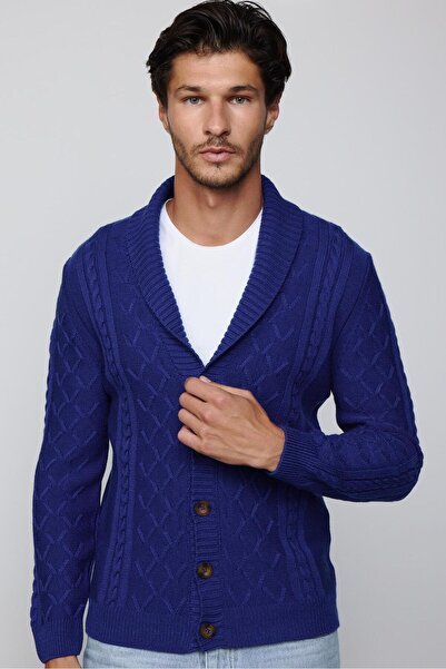Машки Slim Fit кардиган со дезен, мека текстура и копчиња, сакс сина боја