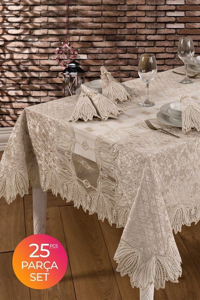 Velvet Luxury Tablecloth Set Lacy Laced 25 Pieces Vels Cappuccino