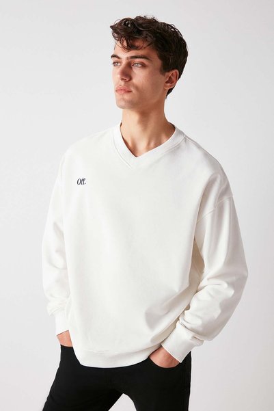 Off Men's Organic Cotton Text Embroidery Detailed V-Neck Fleece-Free Inside Oversize White Sweatshirt