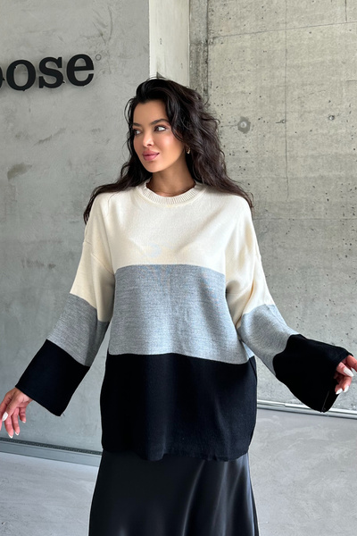 Women's Black Double Color Crew Neck Knitwear Sweater
