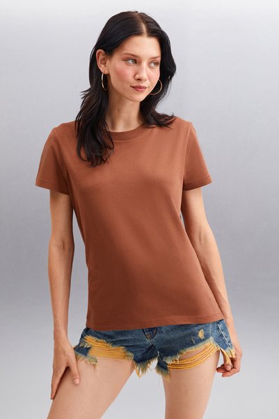 Samantha Women's 100% Organic Cotton Comfort Fit Long Back Basic Knitted Brown T-Shirt