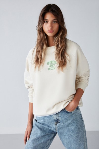 Adrıelle Women's Relaxed Fit Embroidery Printed Knitted Crew Neck Ecru Sweatshirt