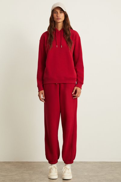Blerta Women's Relaxed Fit Kangaroo Pocket Hooded Red Sweatshirt