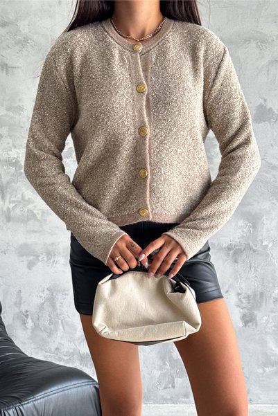 Women's Brown Standard Size Gold Button Detailed Knitwear Cardigan
