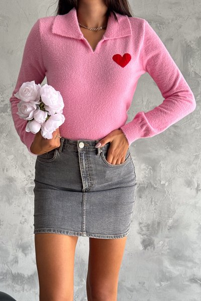 Women's Pink Standard Size Polo Collar Heart Cotton Knitwear Sweater