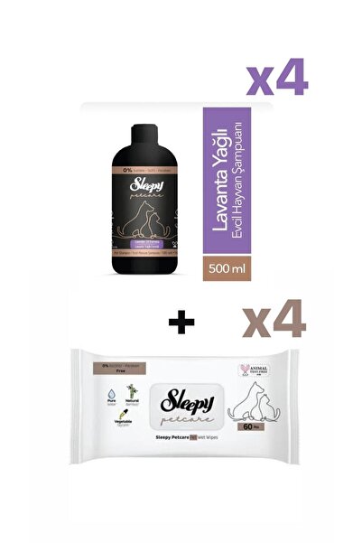 Шампон за кучиња и мачки Petcare 500ml X 4 + крпа за чистење за мачки и кучиња 60 парчиња X 4